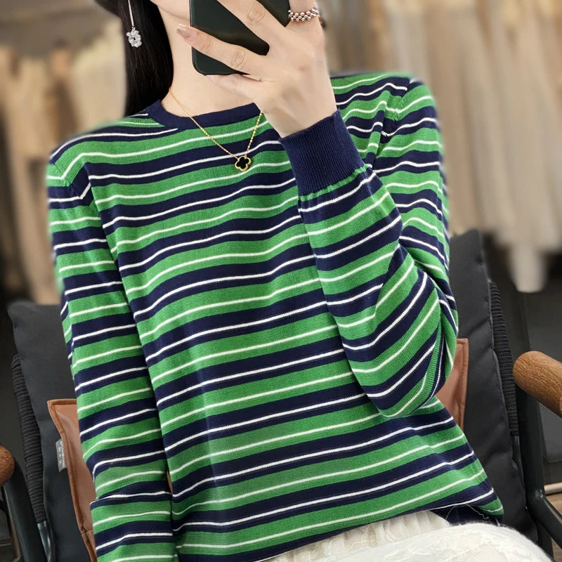 Autumn and Winter New 100% Cotton Striped Knitted Women's Round Neck Pullover Casual Fashion Sweater Loose Soft Women's Top