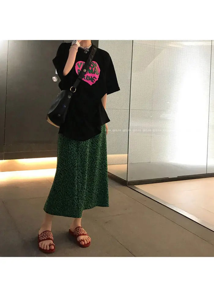 2023 Summer Loose Letters Girls Short-sleeved T-shirt Retro High-waisted Leopard Print Half-body Skirt Suit Two-piece Female Y2K