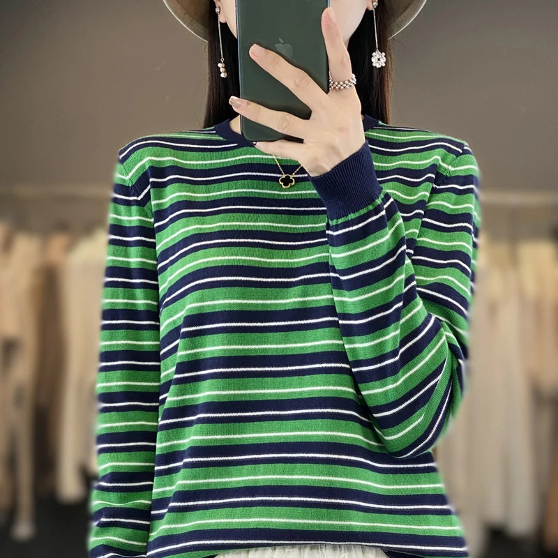 Autumn and Winter New 100% Cotton Striped Knitted Women's Round Neck Pullover Casual Fashion Sweater Loose Soft Women's Top