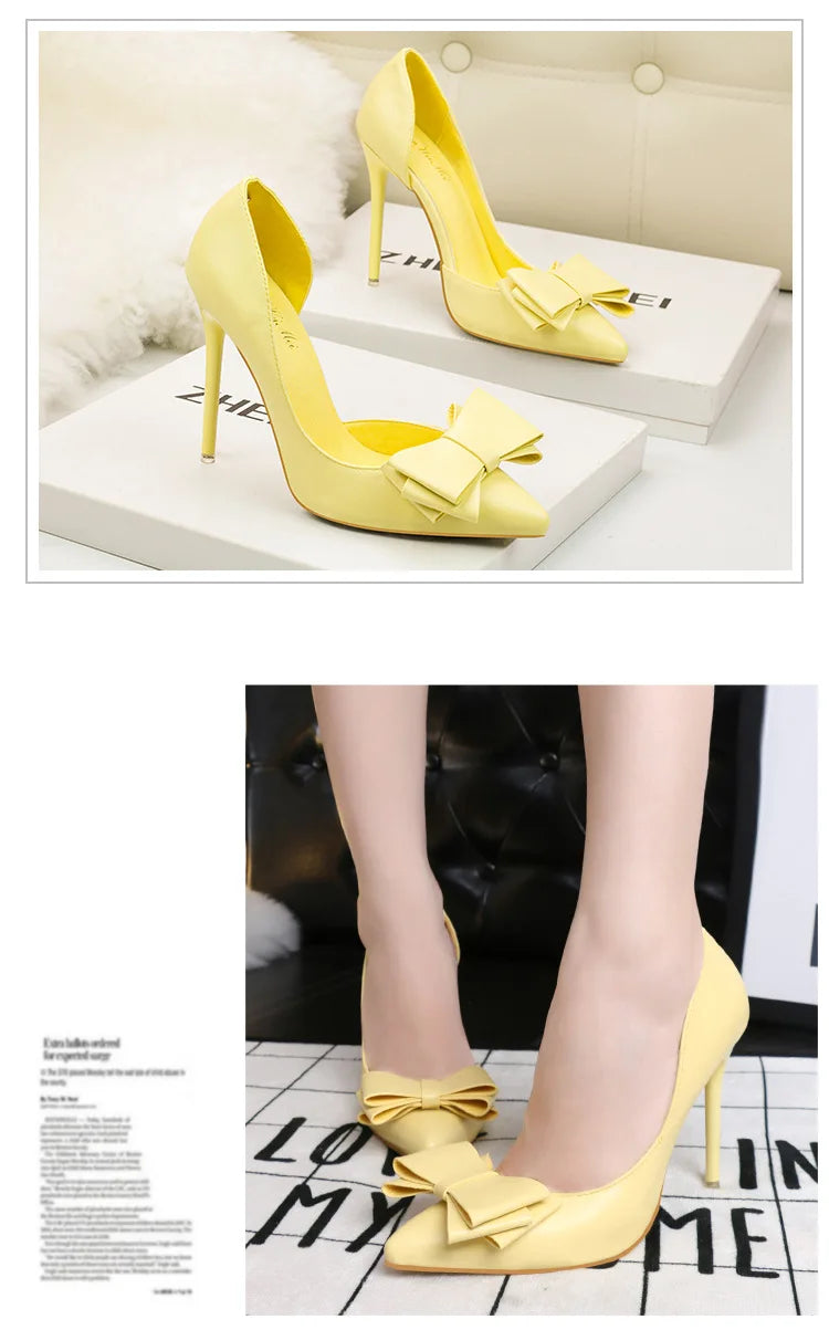 Korean Style Sweet Bow High Heels, Fashionable And Elegant Slim Heeled Women'S Shoes For The Office, Pointed  Sexy  Ladies Shoes