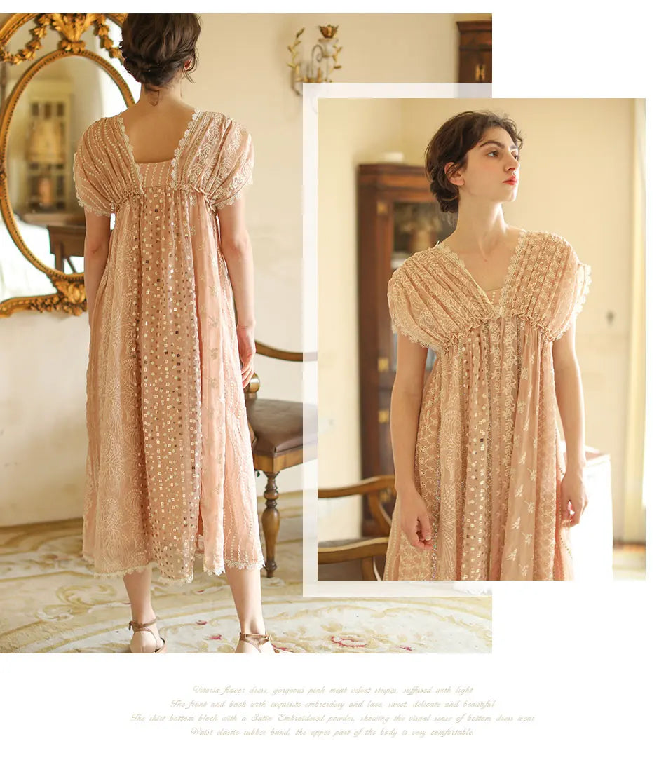 AIGYPTOS Spring Summer Women Pink Dress Vintage Elegant Slim Lace V-Neck Shiny Sequines Luxury Embroidery Party Birthday Dress