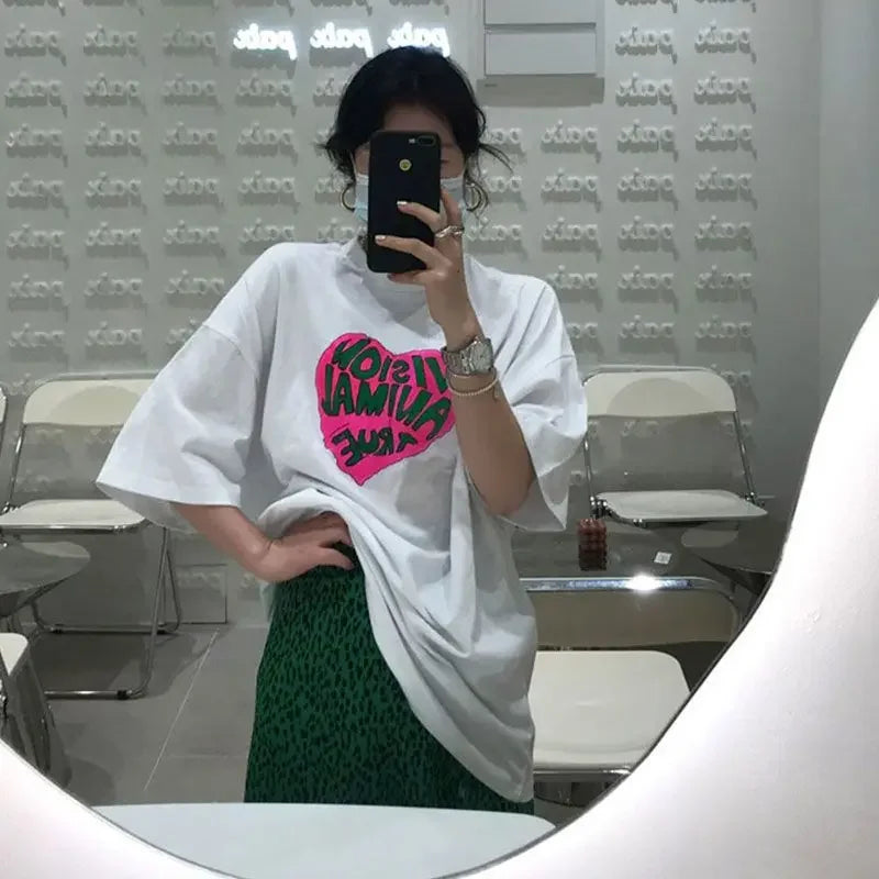 2023 Summer Loose Letters Girls Short-sleeved T-shirt Retro High-waisted Leopard Print Half-body Skirt Suit Two-piece Female Y2K