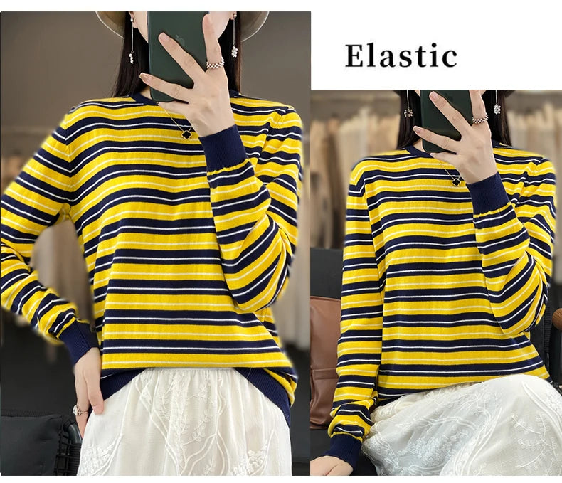 Autumn and Winter New 100% Cotton Striped Knitted Women's Round Neck Pullover Casual Fashion Sweater Loose Soft Women's Top