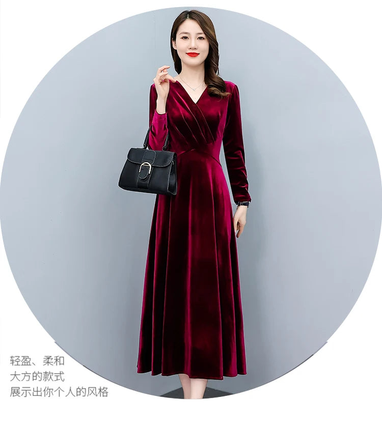 2024 Vintage Long Sleeve Women Sexy Midi Dresses Autumn Winter Velvet Thick Warm Dress Elegant Bodycon Party Night Maxi Vestidos