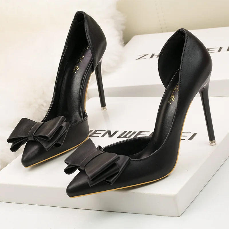 Korean Style Sweet Bow High Heels, Fashionable And Elegant Slim Heeled Women'S Shoes For The Office, Pointed  Sexy  Ladies Shoes