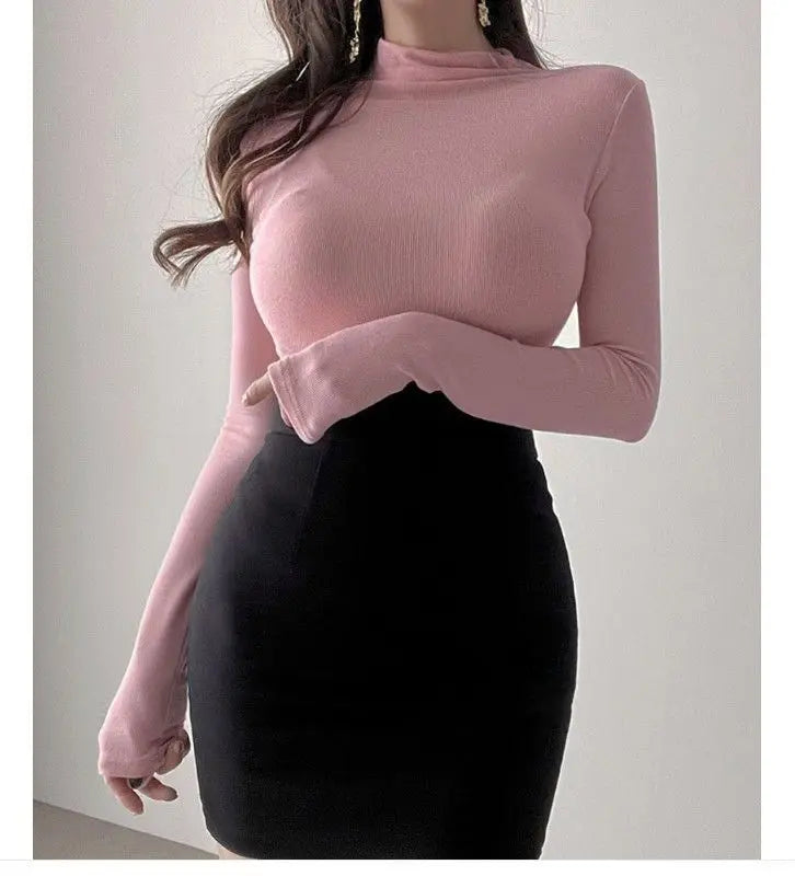 Autumn Woman Half Turtleneck Basic Solid Slim Fit Tee Female Bottoming Shirt Ladies Fashion Long Sleeve Tops Undershirt G159