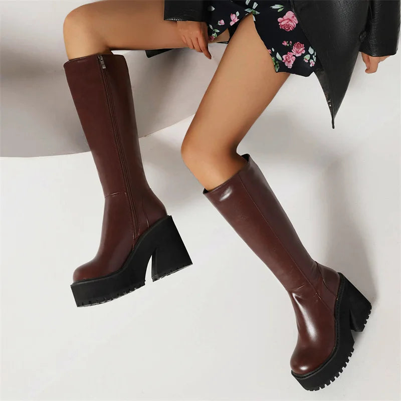 YMECHIC Fashion Popular Style Platform Wedges Knee High Boots for Lady Zip Punk Chunky Botas Goth Gothic Brand Shoes Women 2022