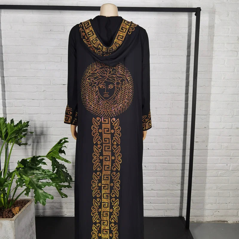 African Ethnic Style Hooded Dress for Women, Muslim Abayat, Hot Drilling with Zipper at Front and Back, Middle East