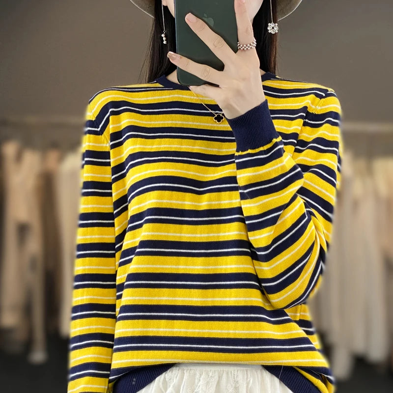 Autumn and Winter New 100% Cotton Striped Knitted Women's Round Neck Pullover Casual Fashion Sweater Loose Soft Women's Top