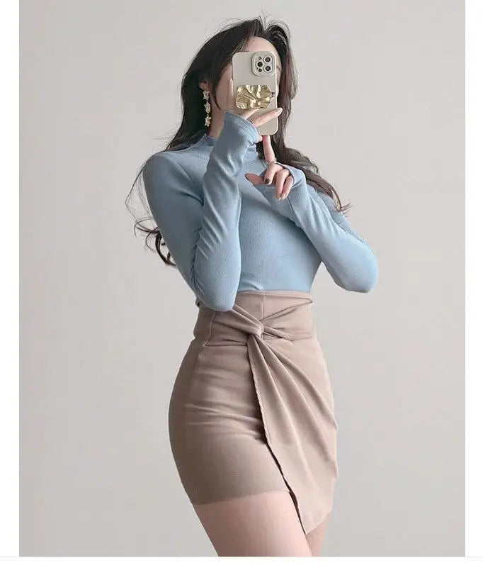 Autumn Woman Half Turtleneck Basic Solid Slim Fit Tee Female Bottoming Shirt Ladies Fashion Long Sleeve Tops Undershirt G159