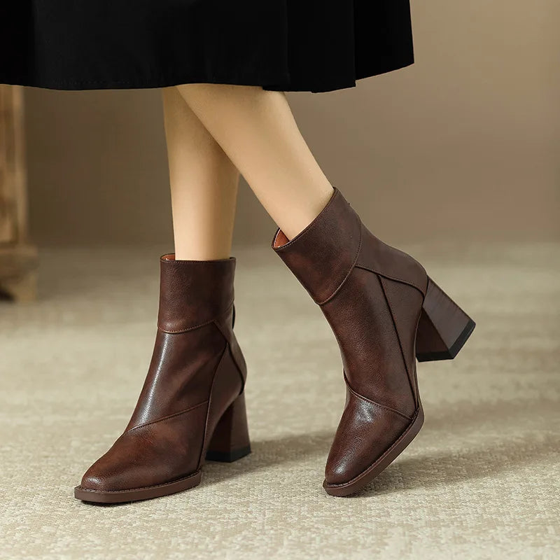 Women's Square Heel Ankle Boots Rear Zipper Retro Brown Soft Leather Short Boot Square Head Casual Sewing High Heel Women Shoes