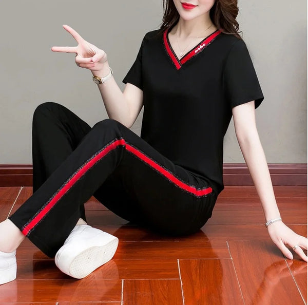 2022 new short sleeve V-neck T-shirt fashion casual wear two piece suit sports micro flared pants suit