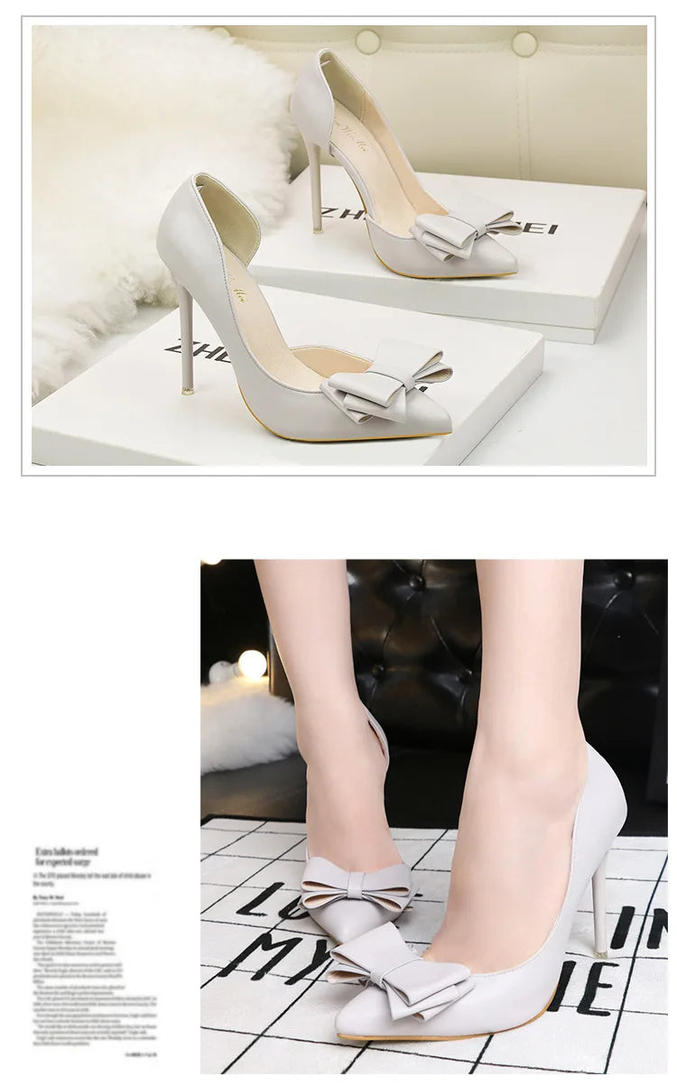 Korean Style Sweet Bow High Heels, Fashionable And Elegant Slim Heeled Women'S Shoes For The Office, Pointed  Sexy  Ladies Shoes