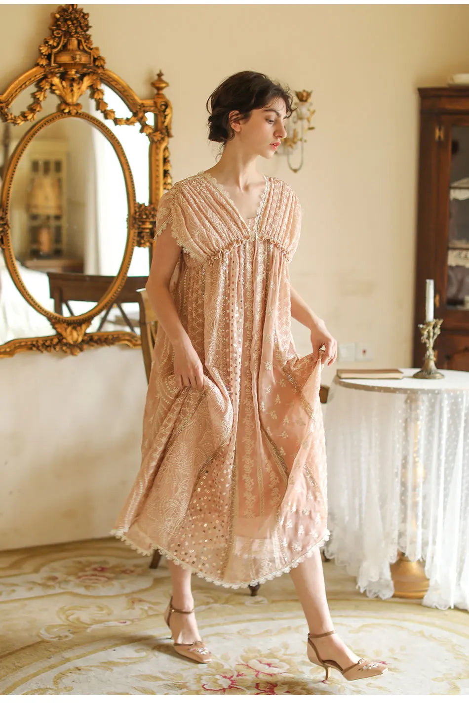 AIGYPTOS Spring Summer Women Pink Dress Vintage Elegant Slim Lace V-Neck Shiny Sequines Luxury Embroidery Party Birthday Dress