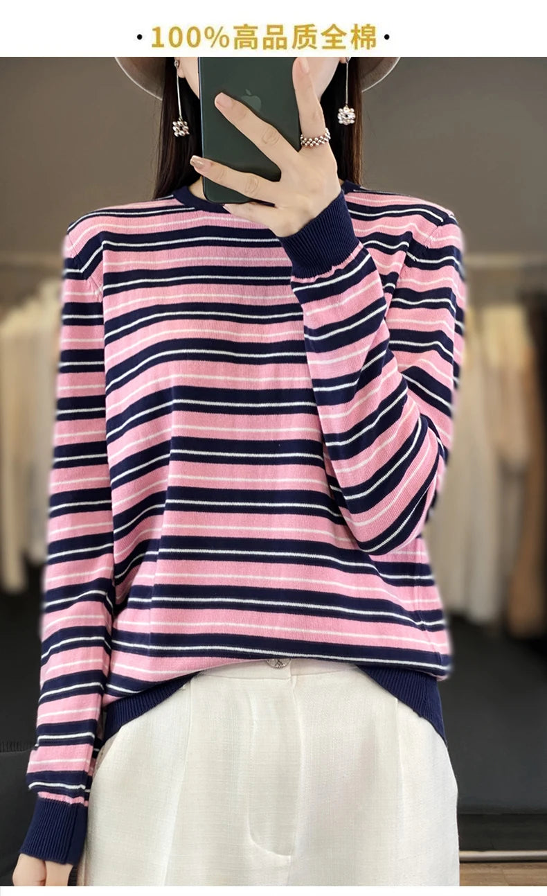Autumn and Winter New 100% Cotton Striped Knitted Women's Round Neck Pullover Casual Fashion Sweater Loose Soft Women's Top