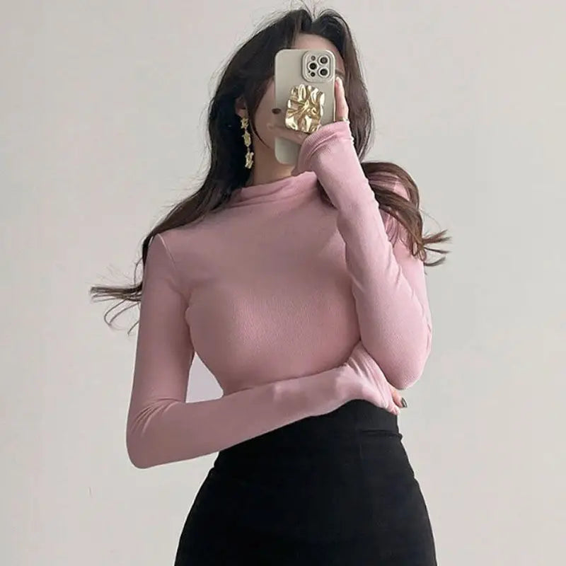 Autumn Woman Half Turtleneck Basic Solid Slim Fit Tee Female Bottoming Shirt Ladies Fashion Long Sleeve Tops Undershirt G159