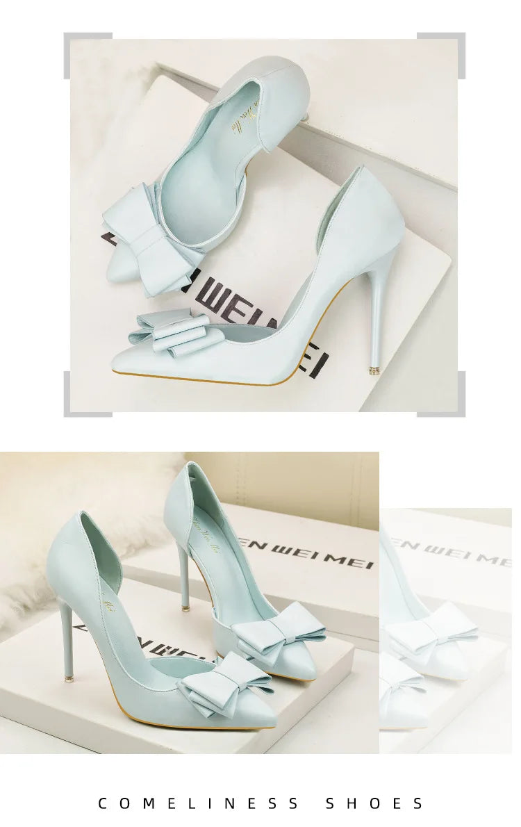 Korean Style Sweet Bow High Heels, Fashionable And Elegant Slim Heeled Women'S Shoes For The Office, Pointed  Sexy  Ladies Shoes
