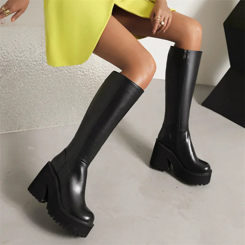 YMECHIC Fashion Popular Style Platform Wedges Knee High Boots for Lady Zip Punk Chunky Botas Goth Gothic Brand Shoes Women 2022