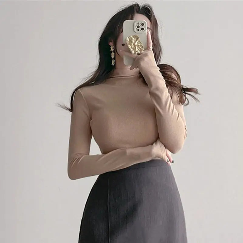 Autumn Woman Half Turtleneck Basic Solid Slim Fit Tee Female Bottoming Shirt Ladies Fashion Long Sleeve Tops Undershirt G159