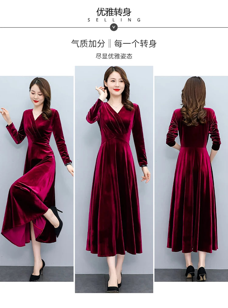 2024 Vintage Long Sleeve Women Sexy Midi Dresses Autumn Winter Velvet Thick Warm Dress Elegant Bodycon Party Night Maxi Vestidos