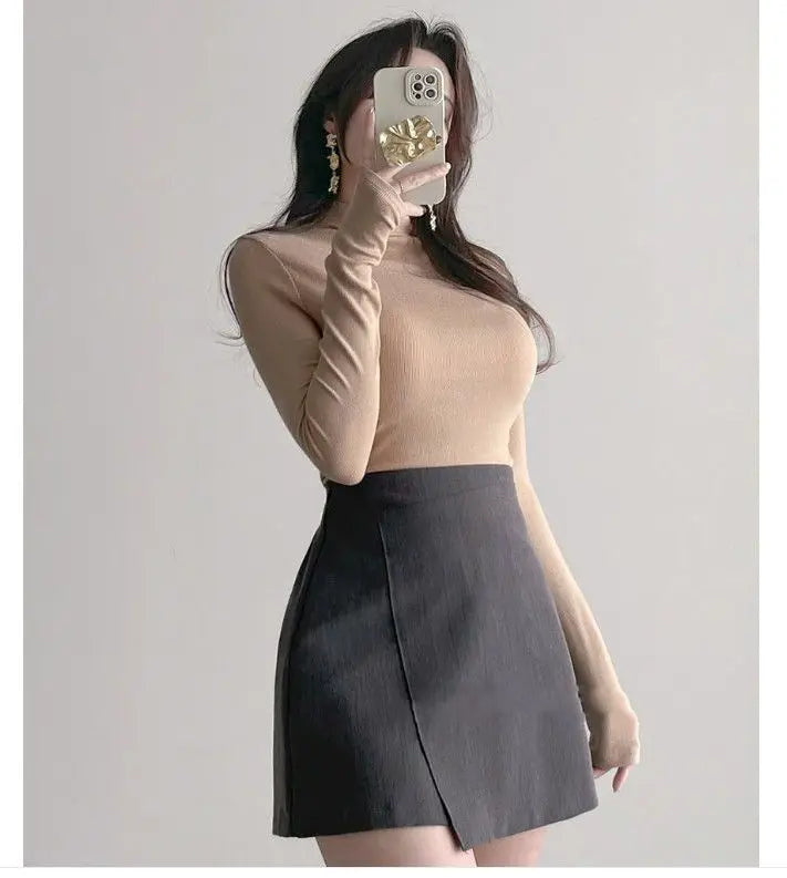 Autumn Woman Half Turtleneck Basic Solid Slim Fit Tee Female Bottoming Shirt Ladies Fashion Long Sleeve Tops Undershirt G159