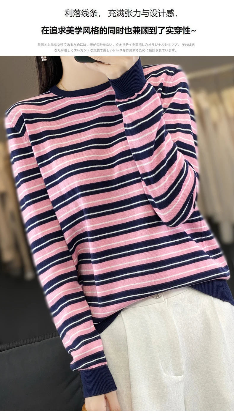 Autumn and Winter New 100% Cotton Striped Knitted Women's Round Neck Pullover Casual Fashion Sweater Loose Soft Women's Top