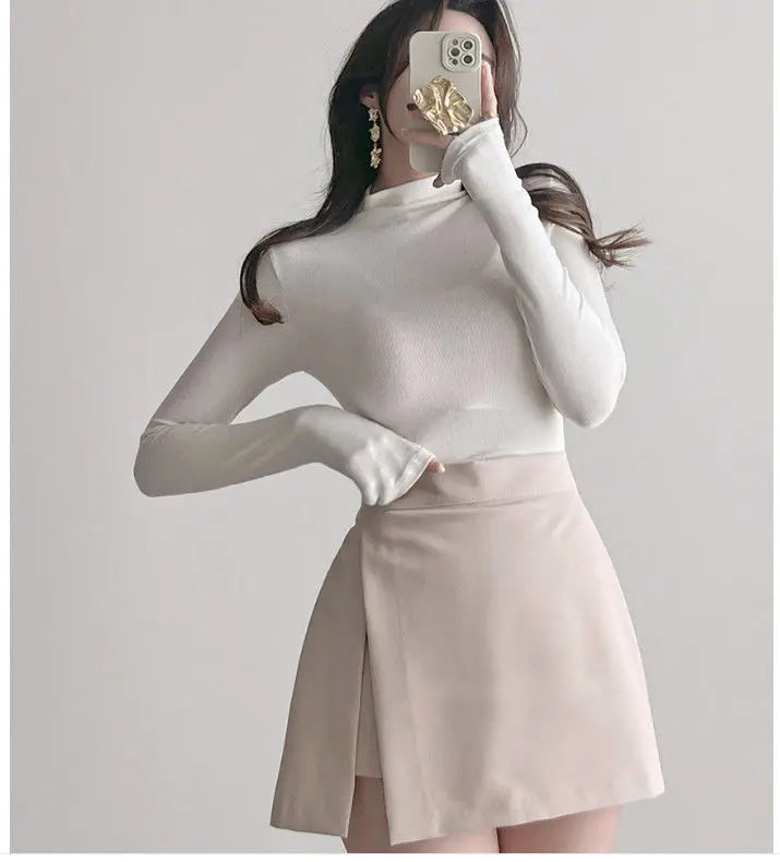 Autumn Woman Half Turtleneck Basic Solid Slim Fit Tee Female Bottoming Shirt Ladies Fashion Long Sleeve Tops Undershirt G159