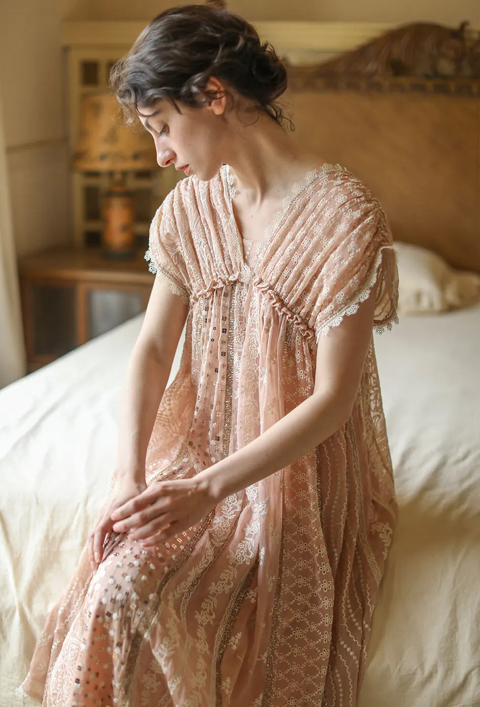 AIGYPTOS Spring Summer Women Pink Dress Vintage Elegant Slim Lace V-Neck Shiny Sequines Luxury Embroidery Party Birthday Dress