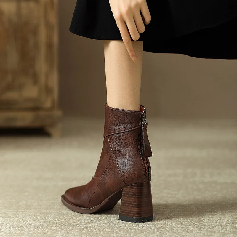 Women's Square Heel Ankle Boots Rear Zipper Retro Brown Soft Leather Short Boot Square Head Casual Sewing High Heel Women Shoes