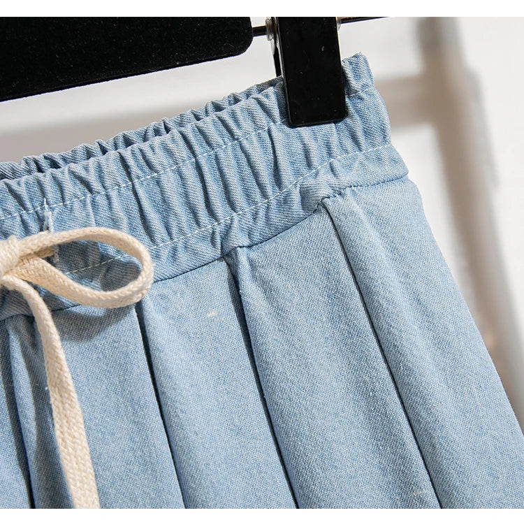 5XL Oversize Denim Skirts Women Lace Up Pleated Skirt Summer Elastic Waist Cute Soft Girl Frilly Loose Jeans Mini Skirt Culotte