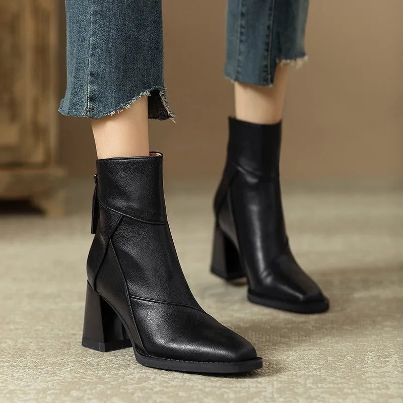 Women's Square Heel Ankle Boots Rear Zipper Retro Brown Soft Leather Short Boot Square Head Casual Sewing High Heel Women Shoes