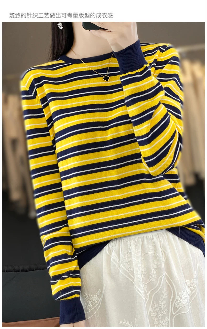 Autumn and Winter New 100% Cotton Striped Knitted Women's Round Neck Pullover Casual Fashion Sweater Loose Soft Women's Top