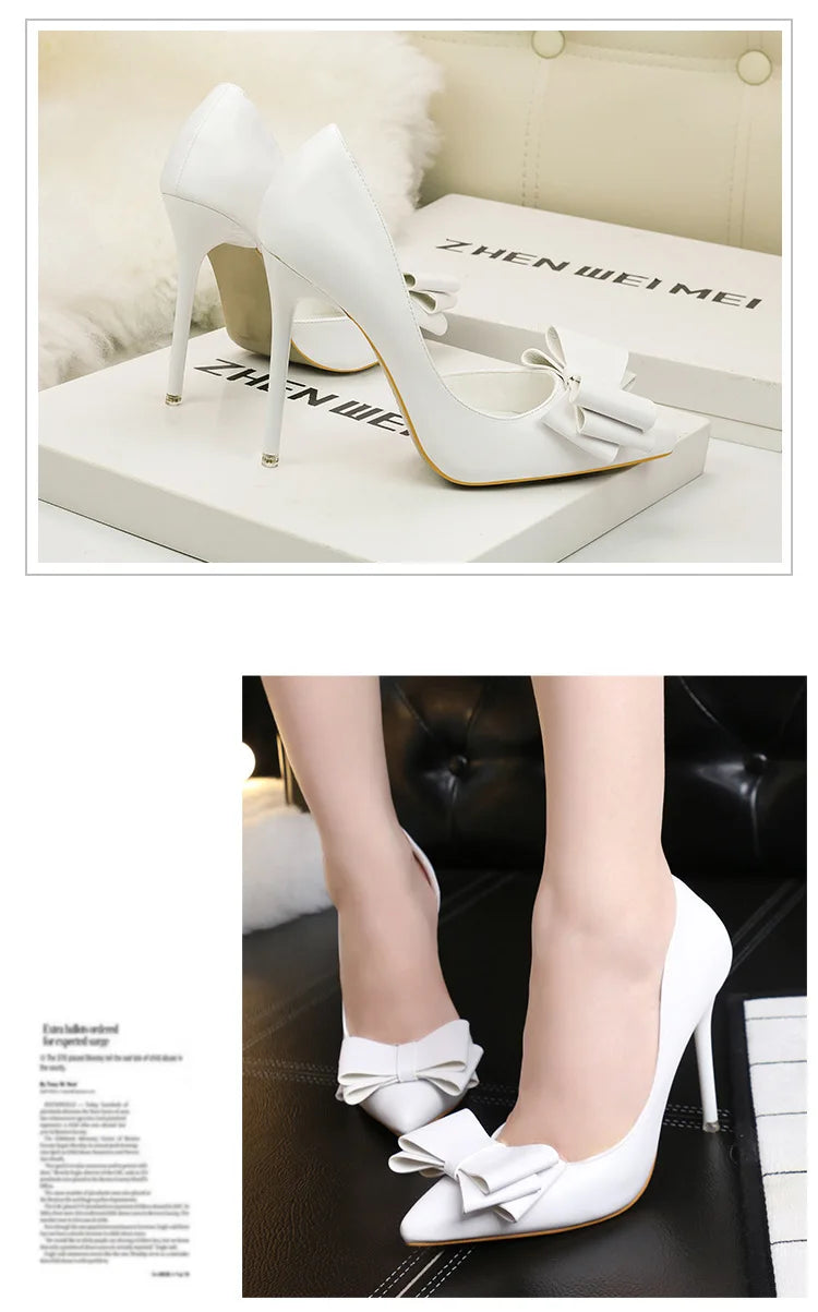 Korean Style Sweet Bow High Heels, Fashionable And Elegant Slim Heeled Women'S Shoes For The Office, Pointed  Sexy  Ladies Shoes