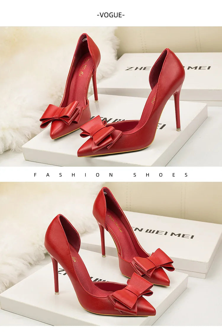 Korean Style Sweet Bow High Heels, Fashionable And Elegant Slim Heeled Women'S Shoes For The Office, Pointed  Sexy  Ladies Shoes