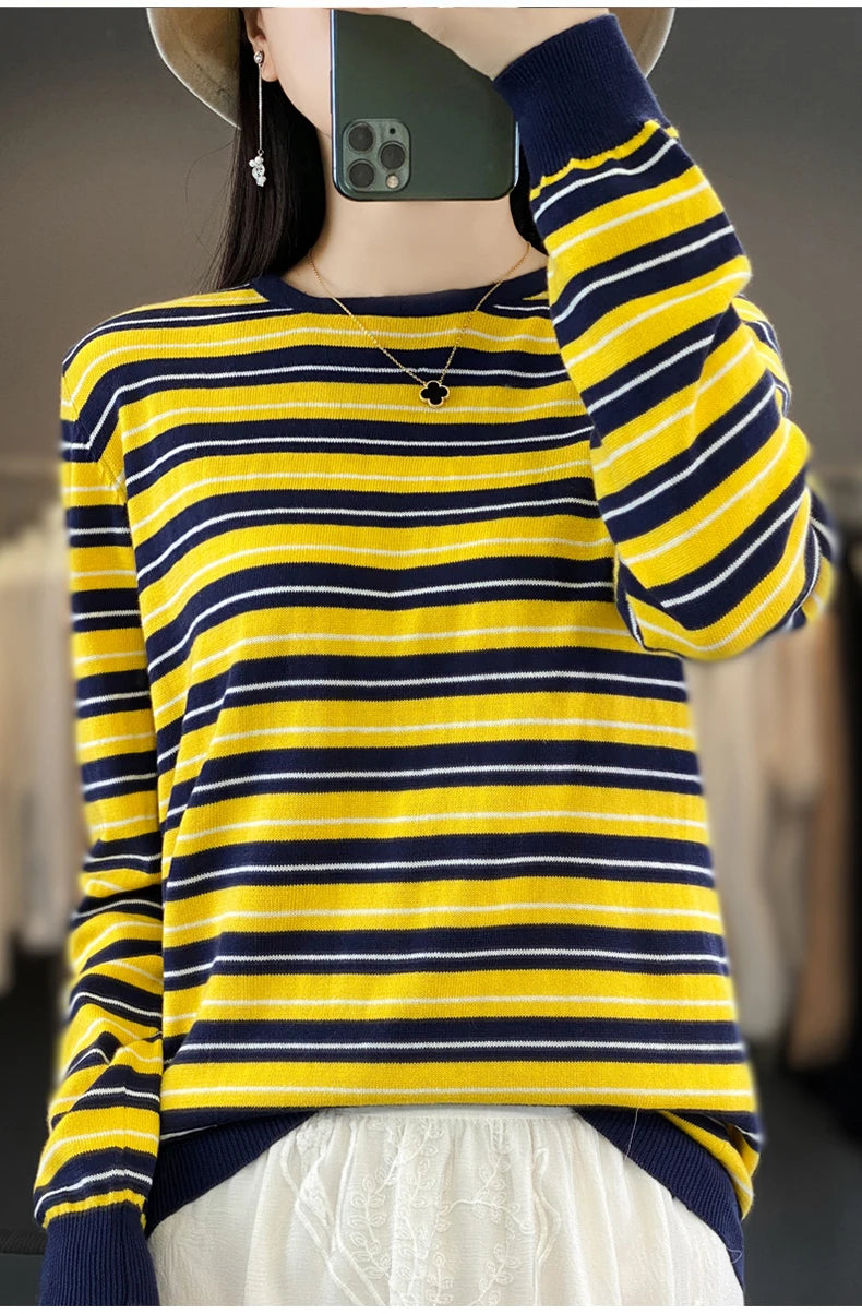 Autumn and Winter New 100% Cotton Striped Knitted Women's Round Neck Pullover Casual Fashion Sweater Loose Soft Women's Top
