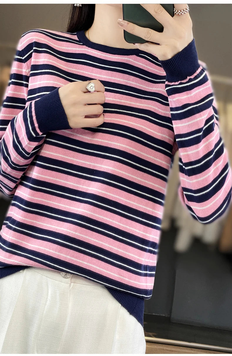 Autumn and Winter New 100% Cotton Striped Knitted Women's Round Neck Pullover Casual Fashion Sweater Loose Soft Women's Top