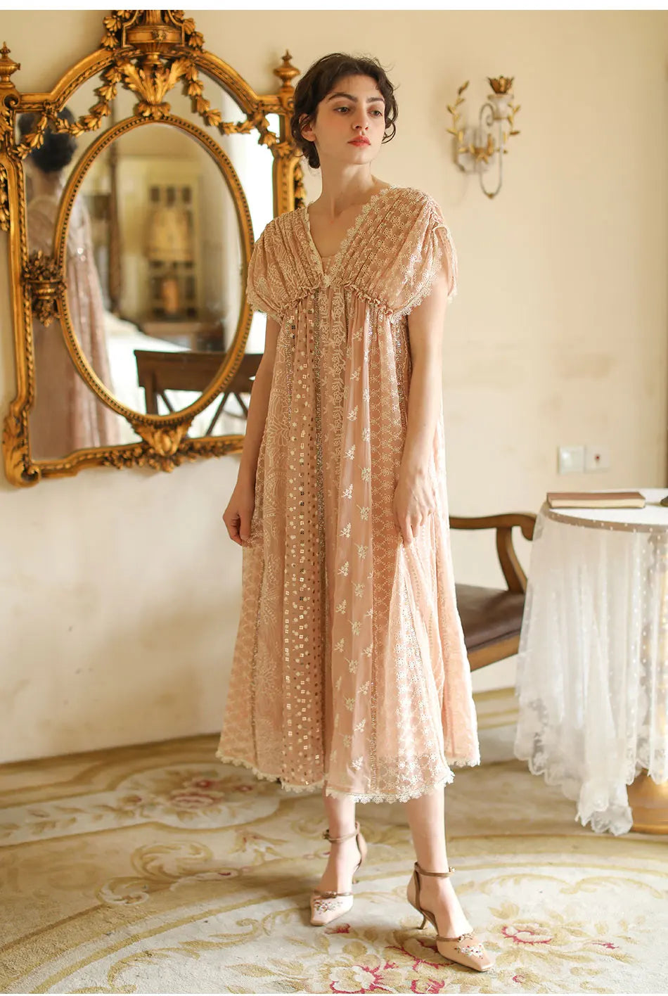 AIGYPTOS Spring Summer Women Pink Dress Vintage Elegant Slim Lace V-Neck Shiny Sequines Luxury Embroidery Party Birthday Dress