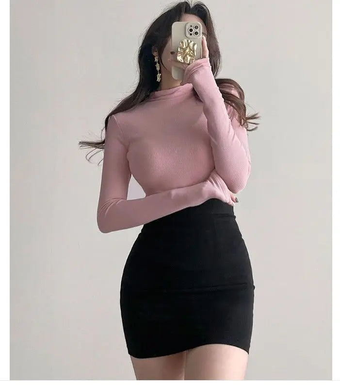 Autumn Woman Half Turtleneck Basic Solid Slim Fit Tee Female Bottoming Shirt Ladies Fashion Long Sleeve Tops Undershirt G159