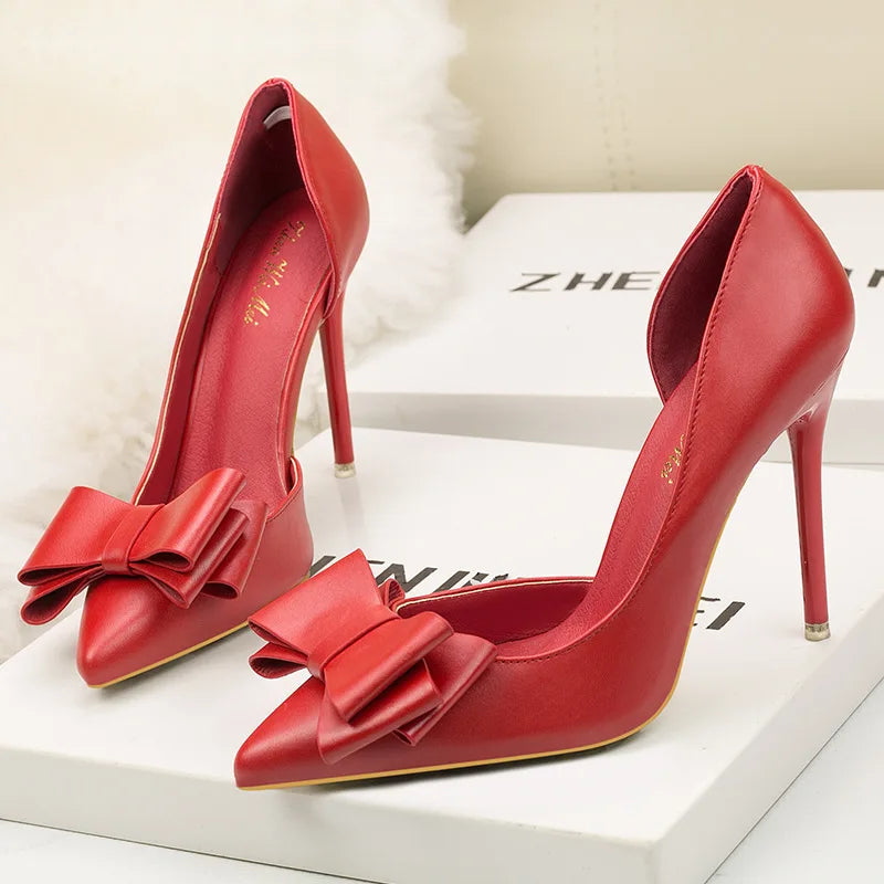 Korean Style Sweet Bow High Heels, Fashionable And Elegant Slim Heeled Women'S Shoes For The Office, Pointed  Sexy  Ladies Shoes