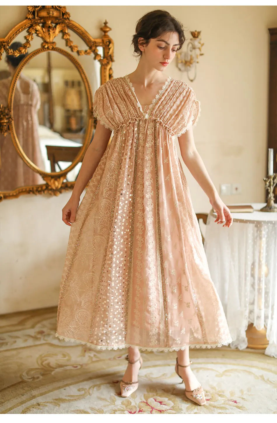 AIGYPTOS Spring Summer Women Pink Dress Vintage Elegant Slim Lace V-Neck Shiny Sequines Luxury Embroidery Party Birthday Dress