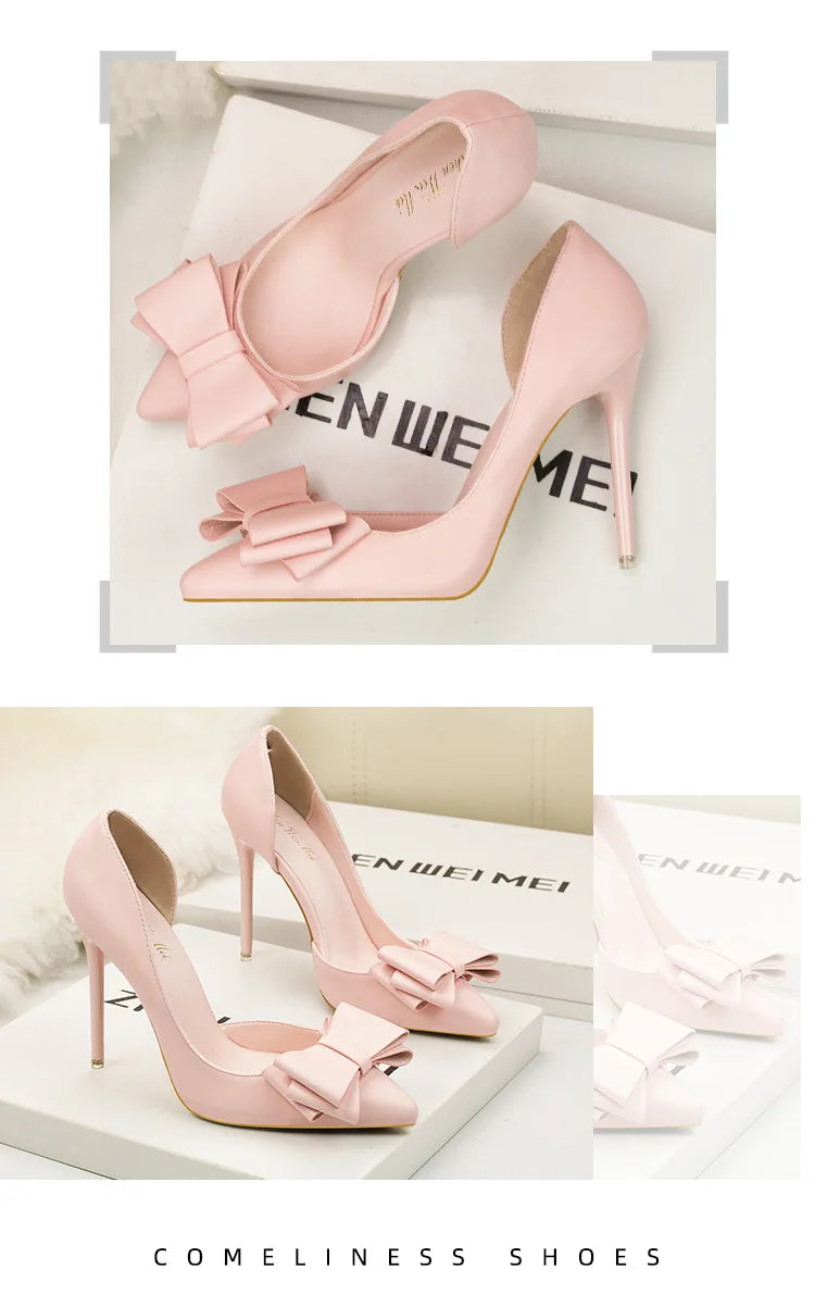 Korean Style Sweet Bow High Heels, Fashionable And Elegant Slim Heeled Women'S Shoes For The Office, Pointed  Sexy  Ladies Shoes