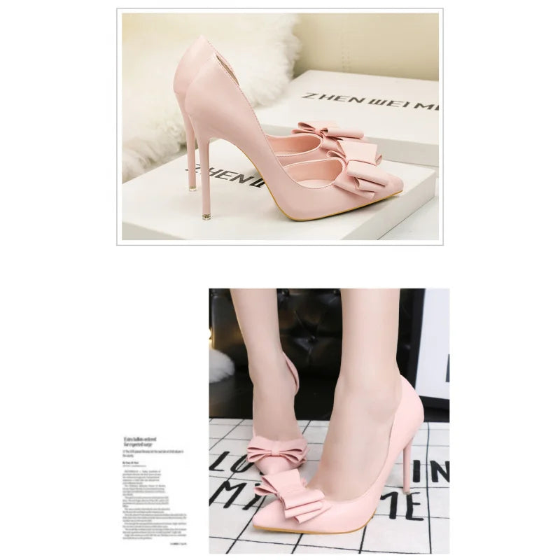 Korean Style Sweet Bow High Heels, Fashionable And Elegant Slim Heeled Women'S Shoes For The Office, Pointed  Sexy  Ladies Shoes
