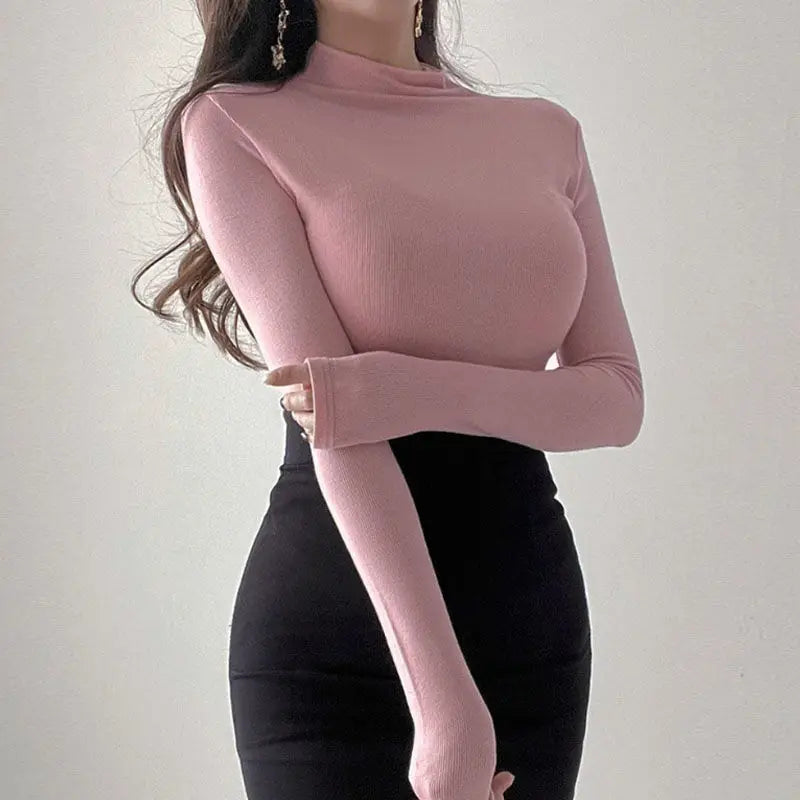 Autumn Woman Half Turtleneck Basic Solid Slim Fit Tee Female Bottoming Shirt Ladies Fashion Long Sleeve Tops Undershirt G159