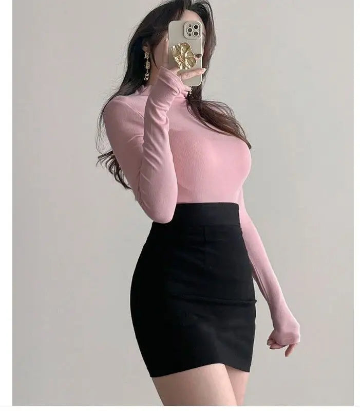 Autumn Woman Half Turtleneck Basic Solid Slim Fit Tee Female Bottoming Shirt Ladies Fashion Long Sleeve Tops Undershirt G159