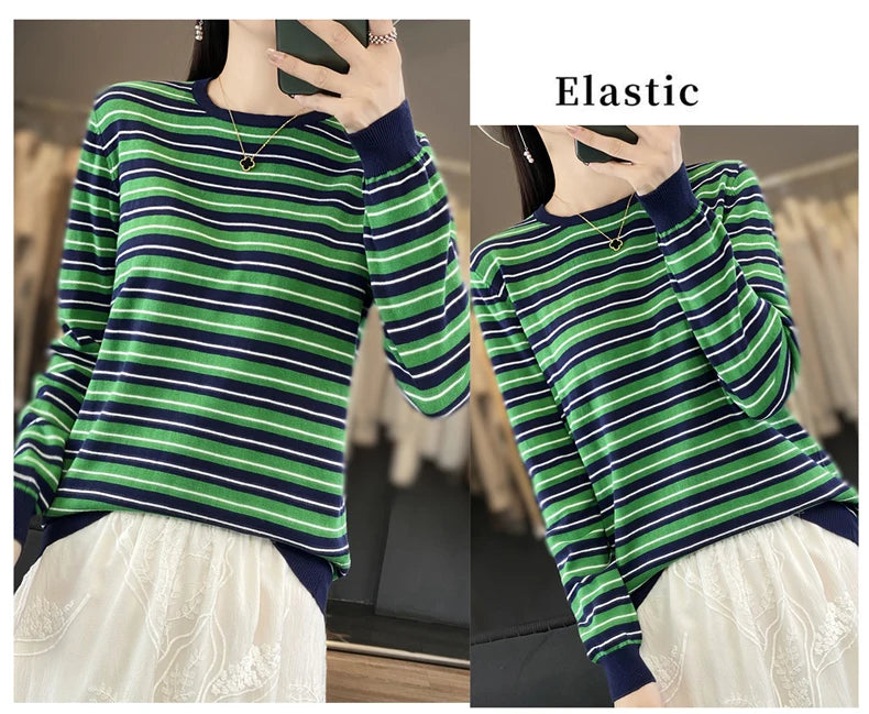 Autumn and Winter New 100% Cotton Striped Knitted Women's Round Neck Pullover Casual Fashion Sweater Loose Soft Women's Top