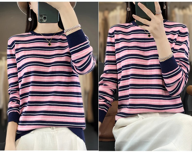 Autumn and Winter New 100% Cotton Striped Knitted Women's Round Neck Pullover Casual Fashion Sweater Loose Soft Women's Top