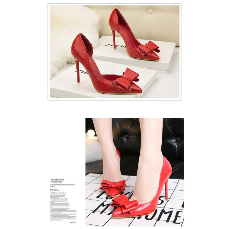 Korean Style Sweet Bow High Heels, Fashionable And Elegant Slim Heeled Women'S Shoes For The Office, Pointed  Sexy  Ladies Shoes