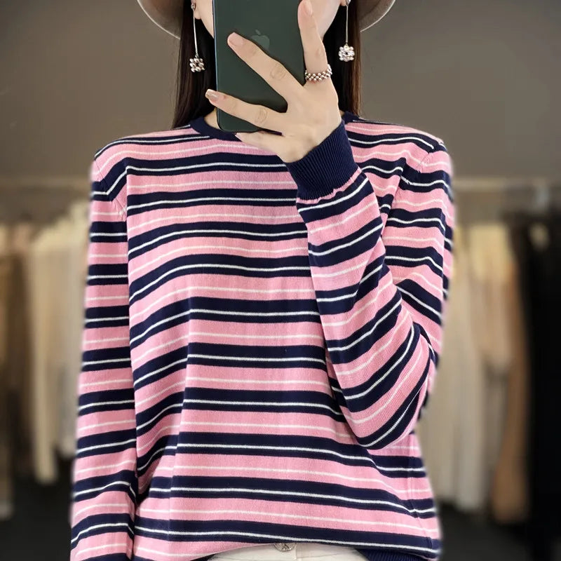 Autumn and Winter New 100% Cotton Striped Knitted Women's Round Neck Pullover Casual Fashion Sweater Loose Soft Women's Top