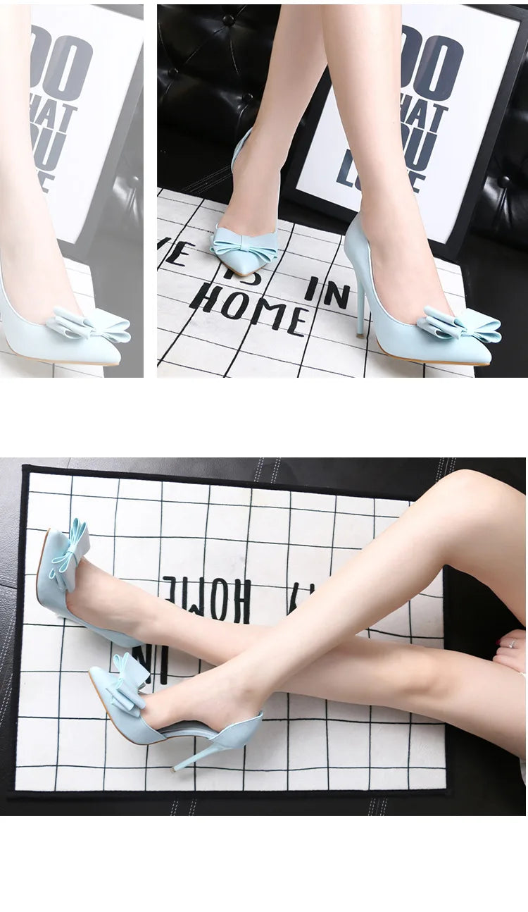 Korean Style Sweet Bow High Heels, Fashionable And Elegant Slim Heeled Women'S Shoes For The Office, Pointed  Sexy  Ladies Shoes
