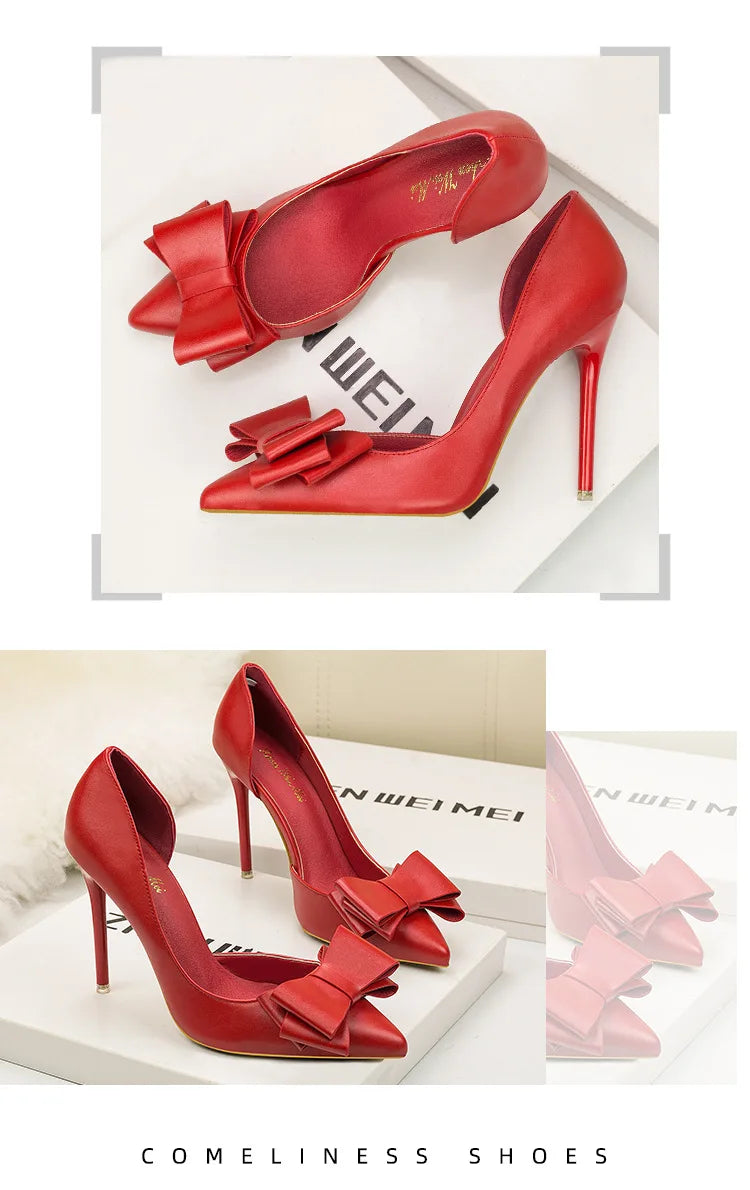 Korean Style Sweet Bow High Heels, Fashionable And Elegant Slim Heeled Women'S Shoes For The Office, Pointed  Sexy  Ladies Shoes